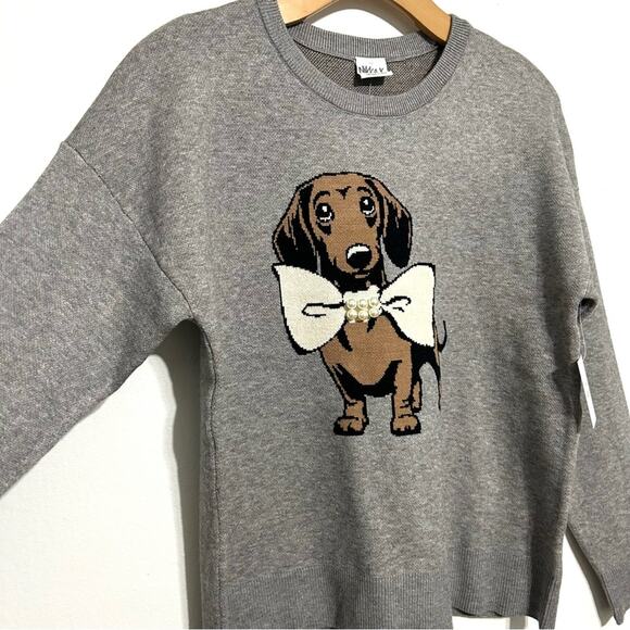 Nikka K graphic novelty gray sweater Dachshund Dog Bow Pearl Christmas NEW sz L - Picture 2 of 10